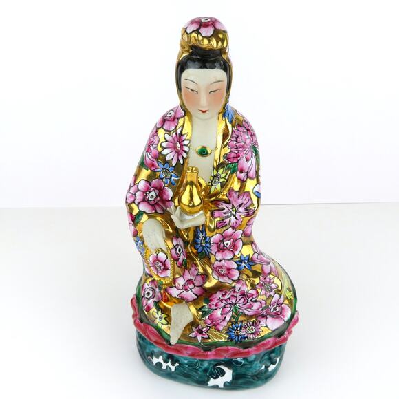 Vintage 11" Porcelain Guanyin Statue TPC China Mid Century Kwan Yin Famille Rose - Picture 3 of 11